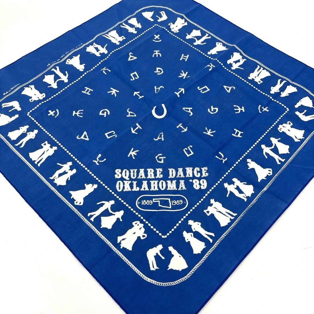 1989 Vintage Oklahoma Square Dance 80s Blue Bandana Handkerchief - 21 x‎ 21